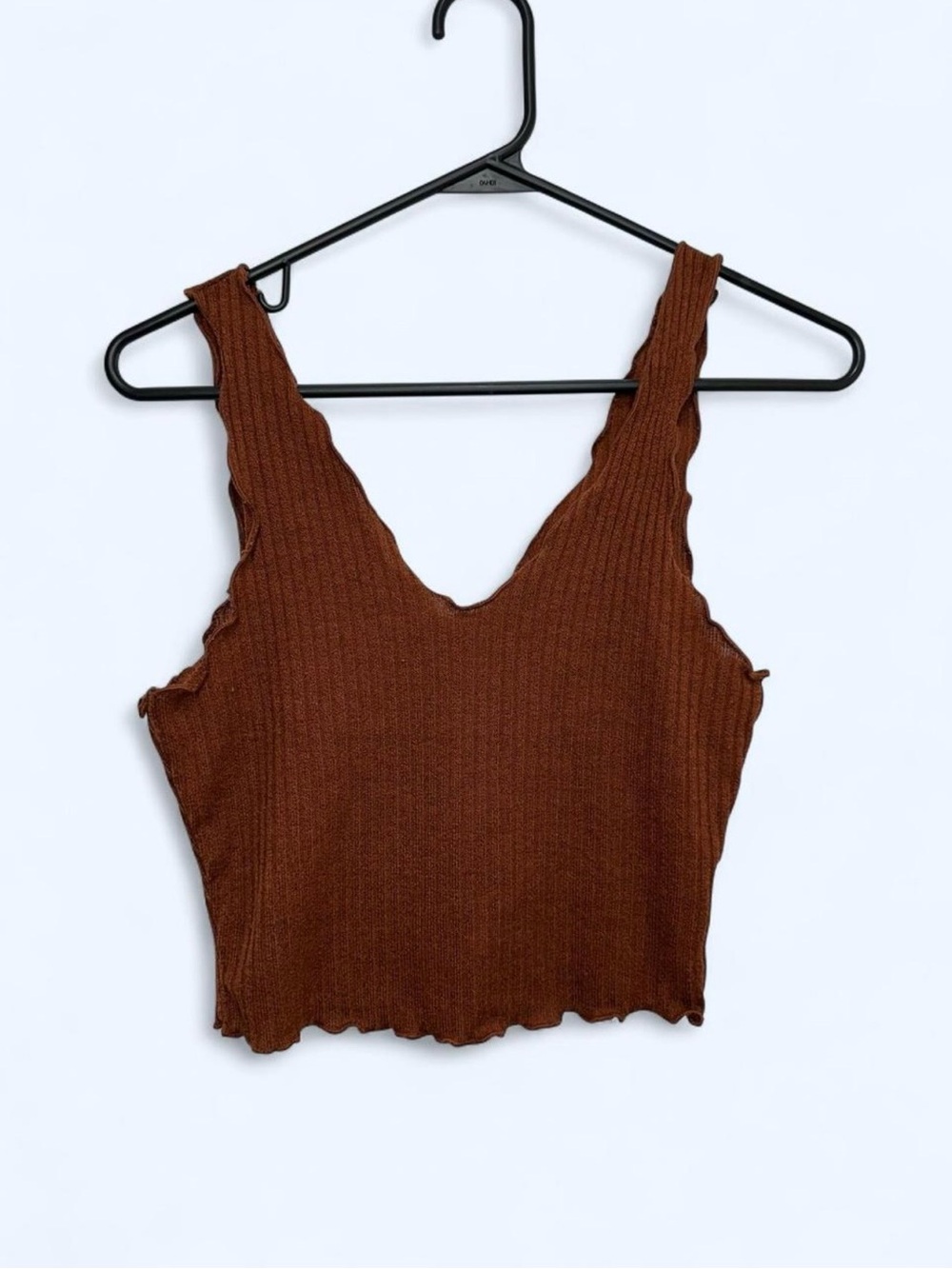 Shein Lettuce Trim V-Neck Ribbed Knit Crop Tank Top in Brown Rust Size Small